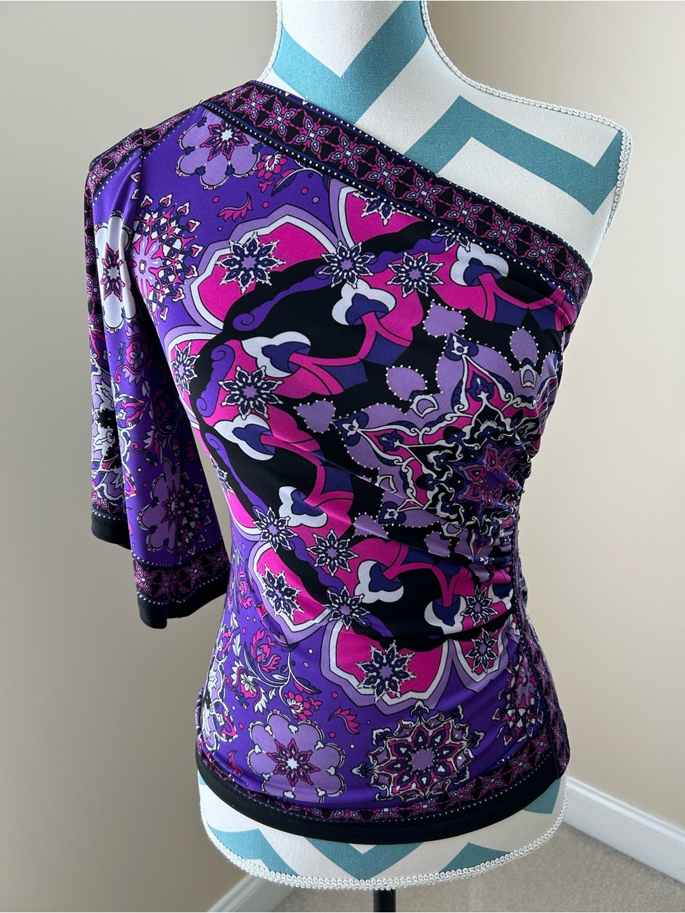 Cache Purple and Pink One-Shoulder Floral-Print Bandeau Top with Black Accents